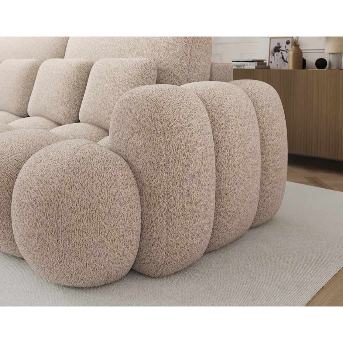 Dorian - Canapé droit 3 places bubble convertible avec coffre en tissu bouclette - Beige