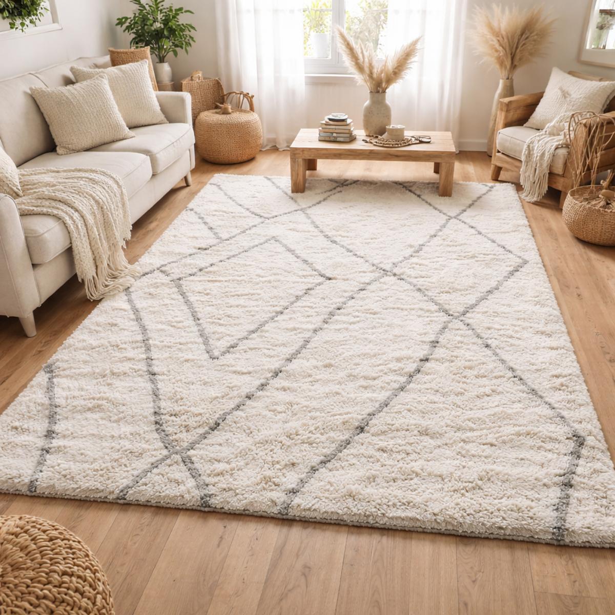 Tapis Shaggy longues mêches et aux motifs traditionnels Berbères