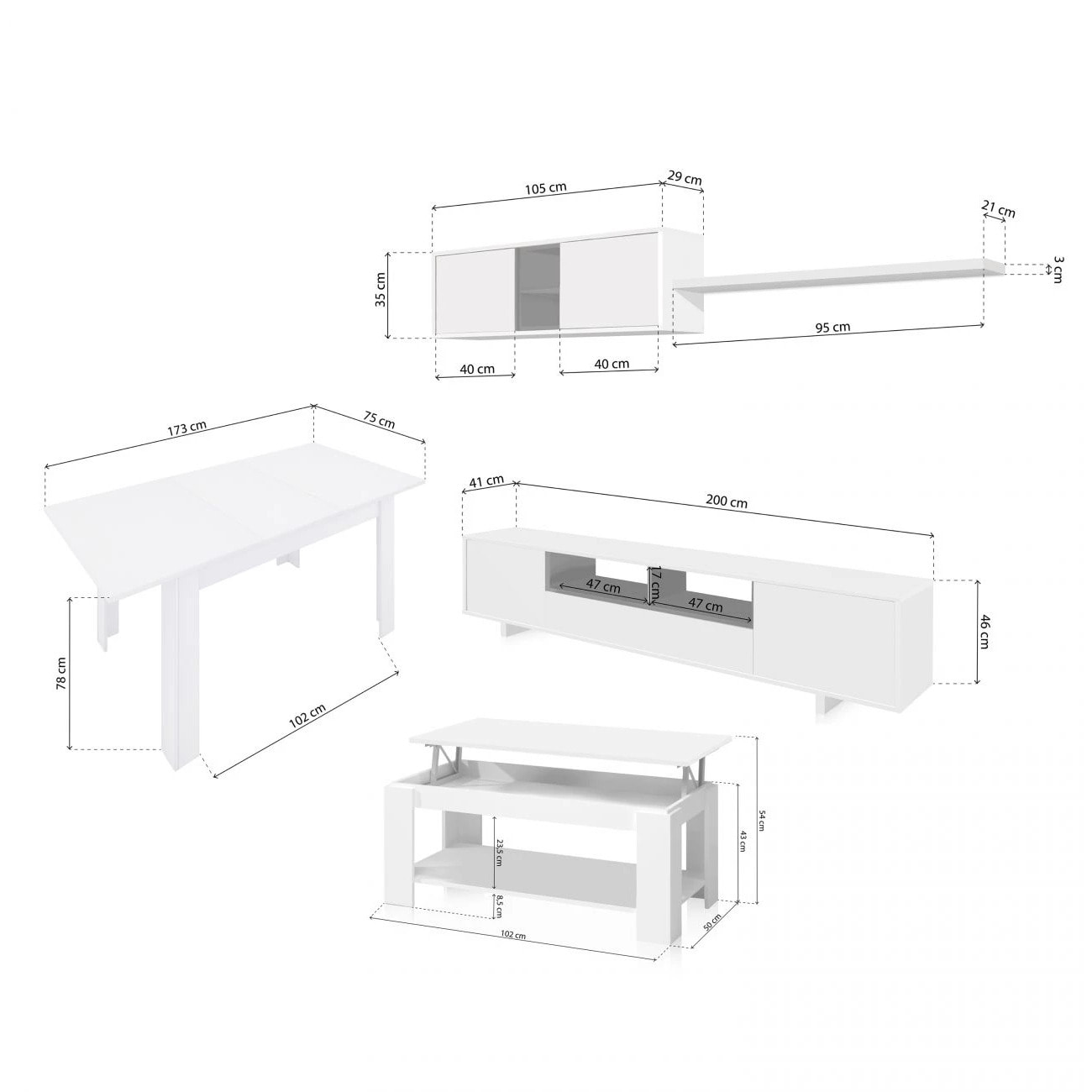 Pack salón con mesa de centro y mesa de comedor Kenzo Max V1A Blanco Brillo - Gris Antracita