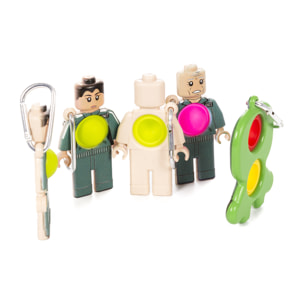 Sets 5 pezzi Squid figure giocatori e leader 9cm. Figure con moschettone e Bubble Pop It centrale.