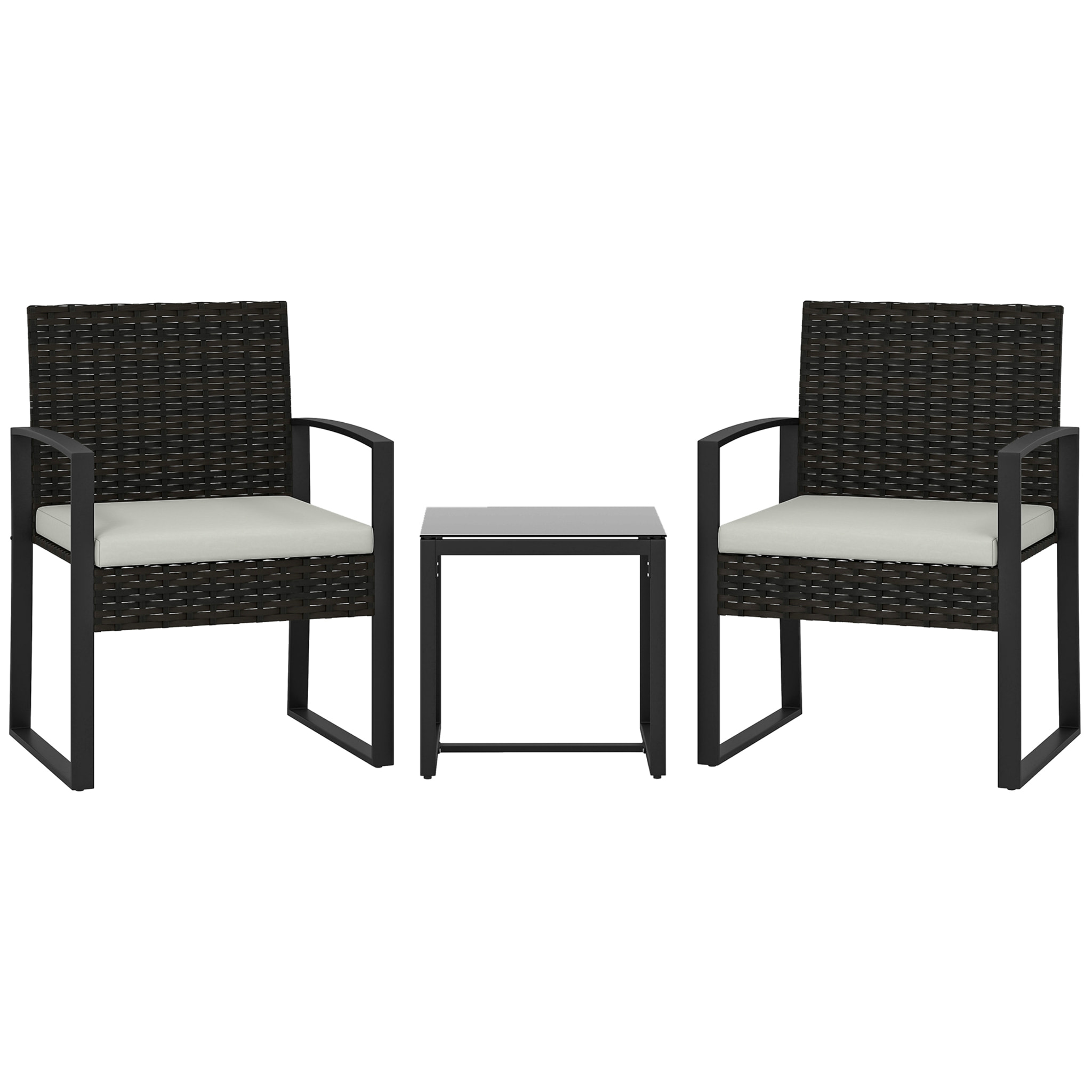 Conjunto de Jardín Exterior de 3 Piezas, Muebles Jardín Exterior de Ratán con 2 Sillas con Cojines Lavables y Mesa de Vidrio Templado, Resistente a Intemperie, para Balcón, Patio, Crema