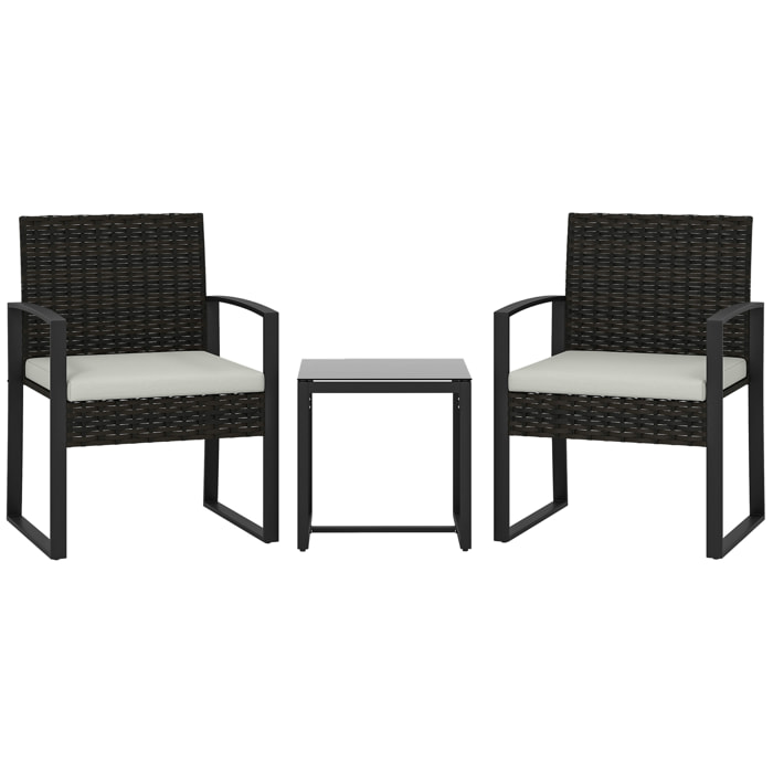 Conjunto de Jardín Exterior de 3 Piezas, Muebles Jardín Exterior de Ratán con 2 Sillas con Cojines Lavables y Mesa de Vidrio Templado, Resistente a Intemperie, para Balcón, Patio, Crema