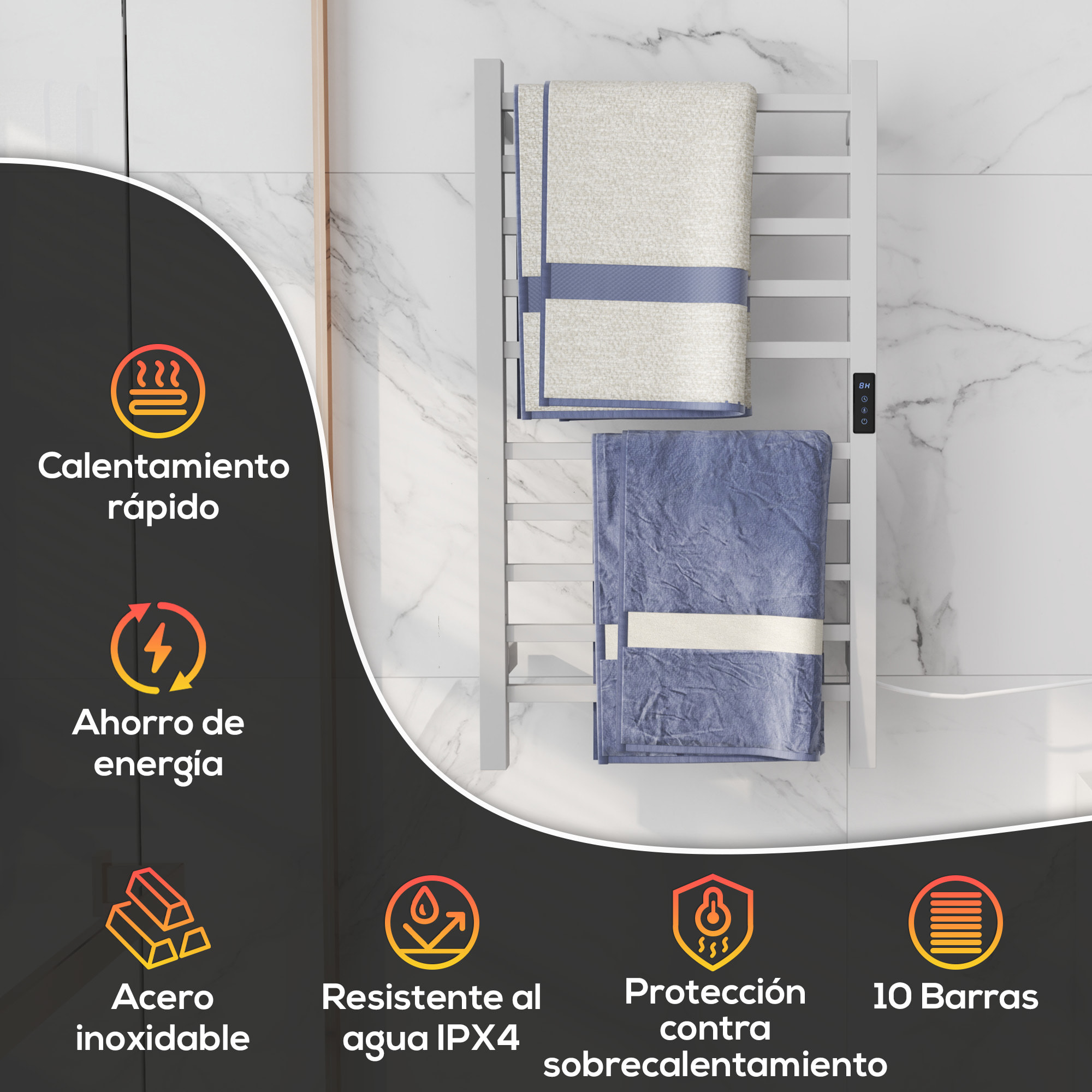 Toallero Eléctrico de Pared 110W Radiador Toallero Eléctrico con Control WIFI Pantalla Táctil Temporizador 10 Barras Temperatura Ajustable Bajo Consumo IPX4 Blanco