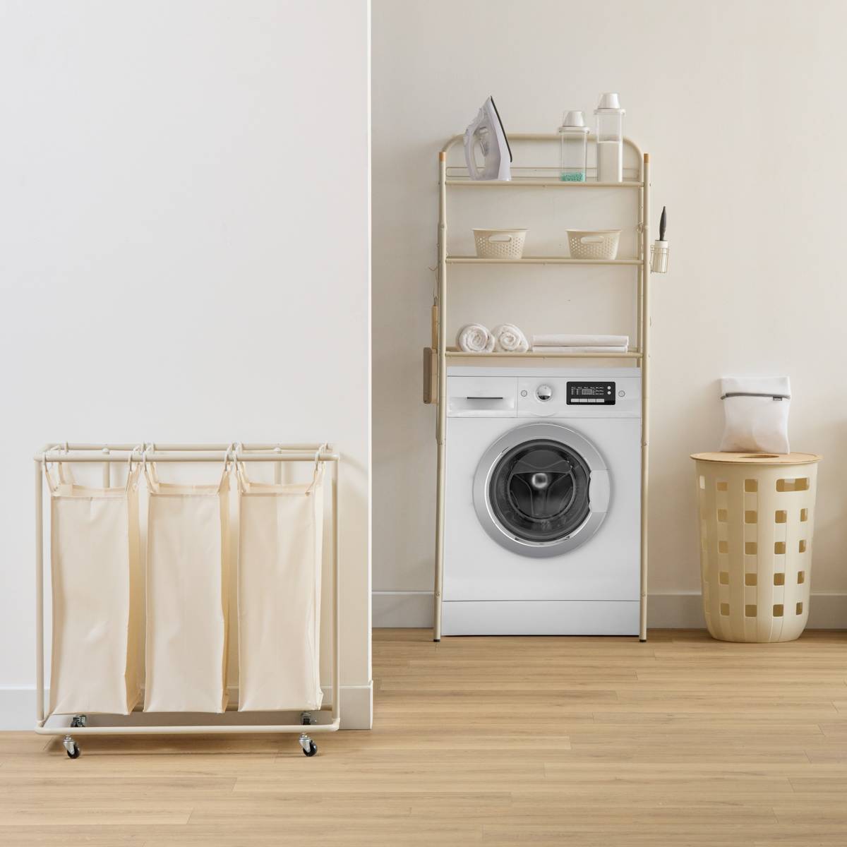 Panier à Linge Linea à Roulettes 3x47,7L Beige 79x44,8x79,4 cm