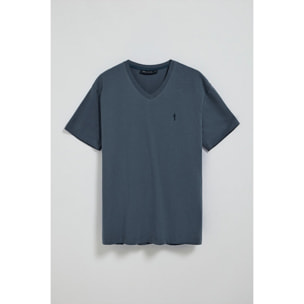 Maglietta blu denim a maniche corte e scollo a V con ricamo Rigby Best