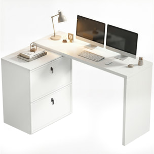 Escritorio Reversible en Forma de L, Mesa de Escritorio con 2 Cajones Archivadores, Diseño Moderno para Espacios Pequeños, Oficina en Casa, Blanco