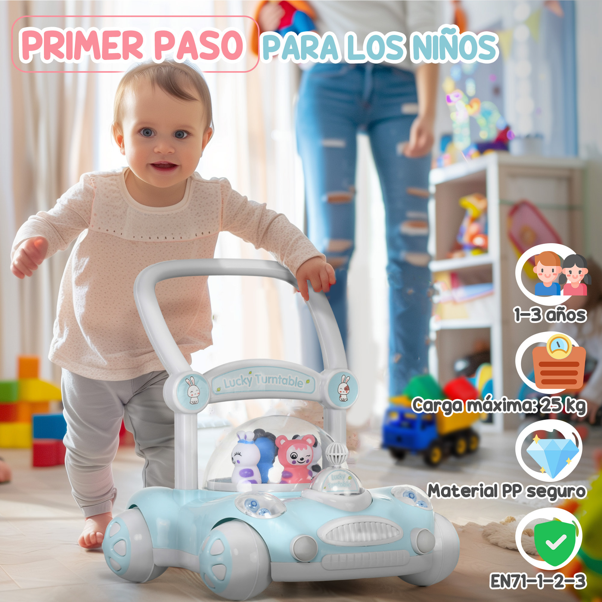 Andador para Bebés de 1-3 Años Tacatá para Bebés con Altura Ajustable Música Ruedas Antideslizantes Luces Manillar Desmontable Carga 25 kg Azul Claro