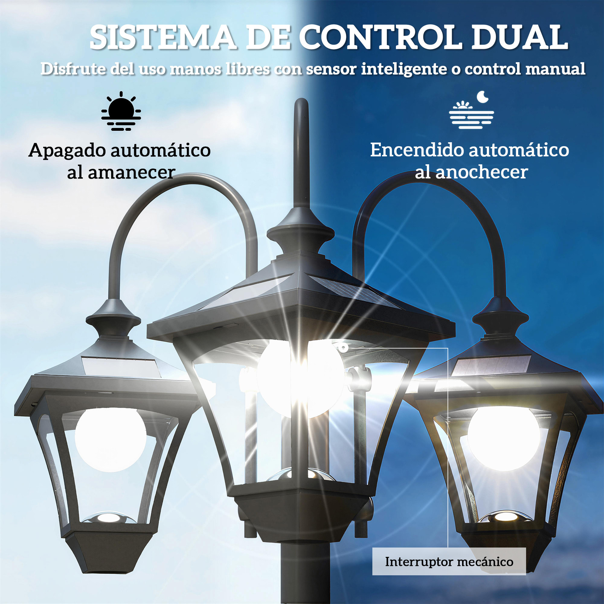 Farola Solar Exterior de Jardín con Macetero 3 Cabezales Impermeable IP44 Encendido/Apagado Automático y Altura Ajustable Luz Solar de Exterior LED para Terraza Patio 52x52x185 cm Negro