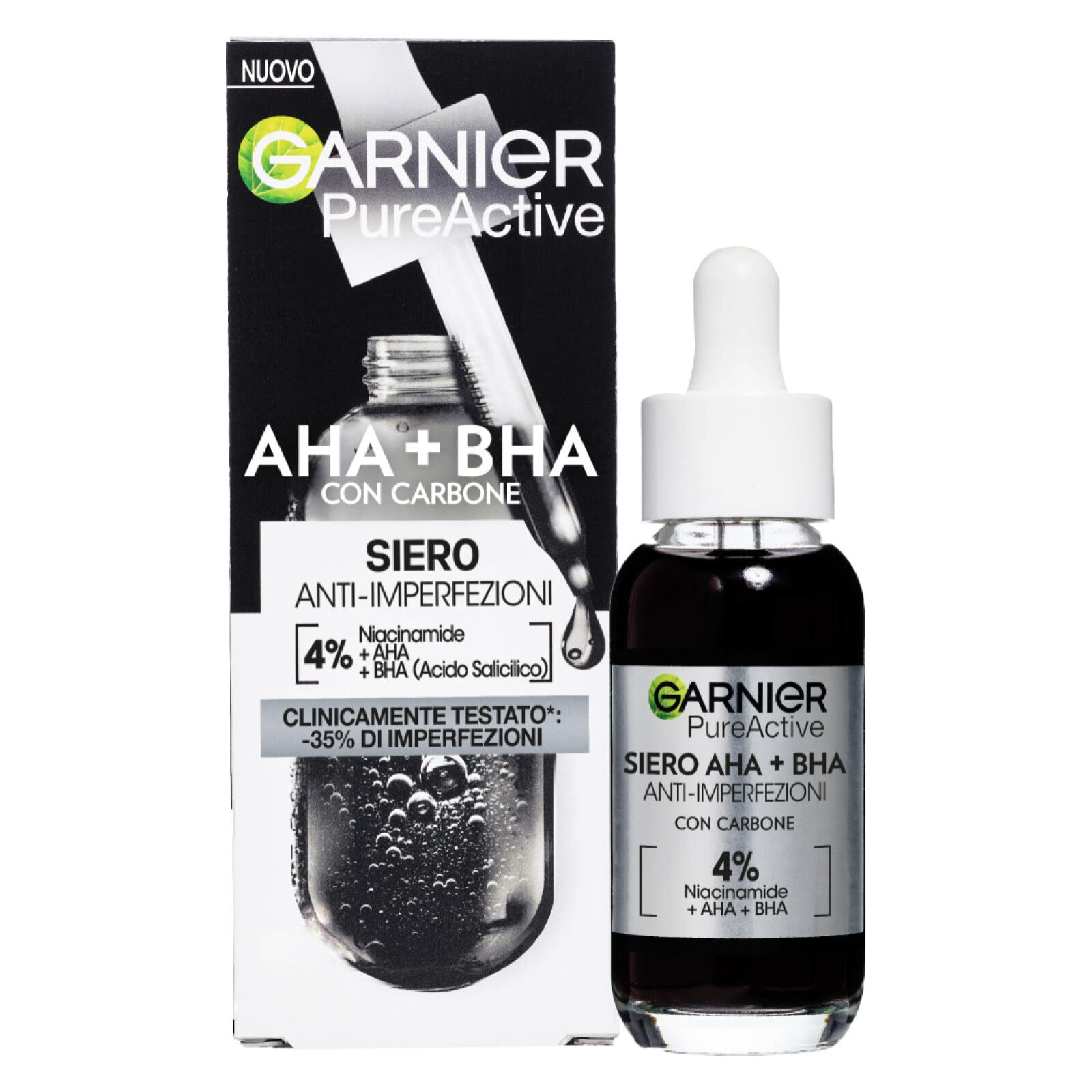 Siero Viso Anti-Imperfezioni Purificante PureActive AHA + BHA con Carbone Niacinamide e Acido Salicilico - Flacone da 30ml