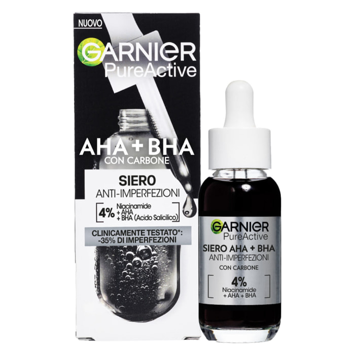 Siero Viso Anti-Imperfezioni Purificante PureActive AHA + BHA con Carbone Niacinamide e Acido Salicilico - Flacone da 30ml