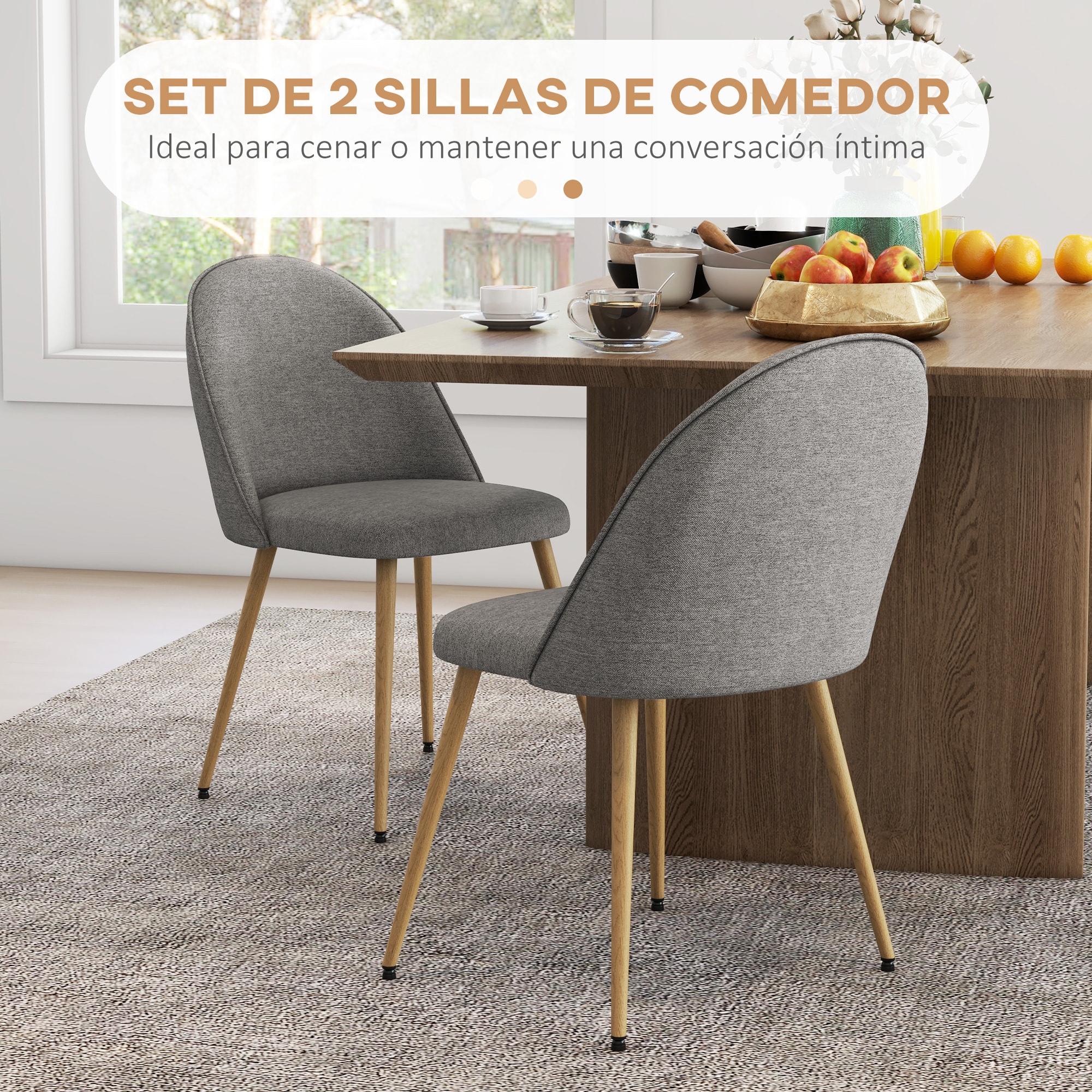 Pack de 2 Sillas de Comedor Sillas de Cocina Tapizadas de Tela de Lino con Patas de Acero para Salón Dormitorio Carga 120 kg 50x52x83 cm Gris