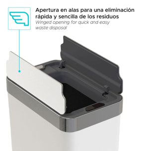 Cubo de Basura color blanco en acero inoxidable con apertura de alas y sensor automático