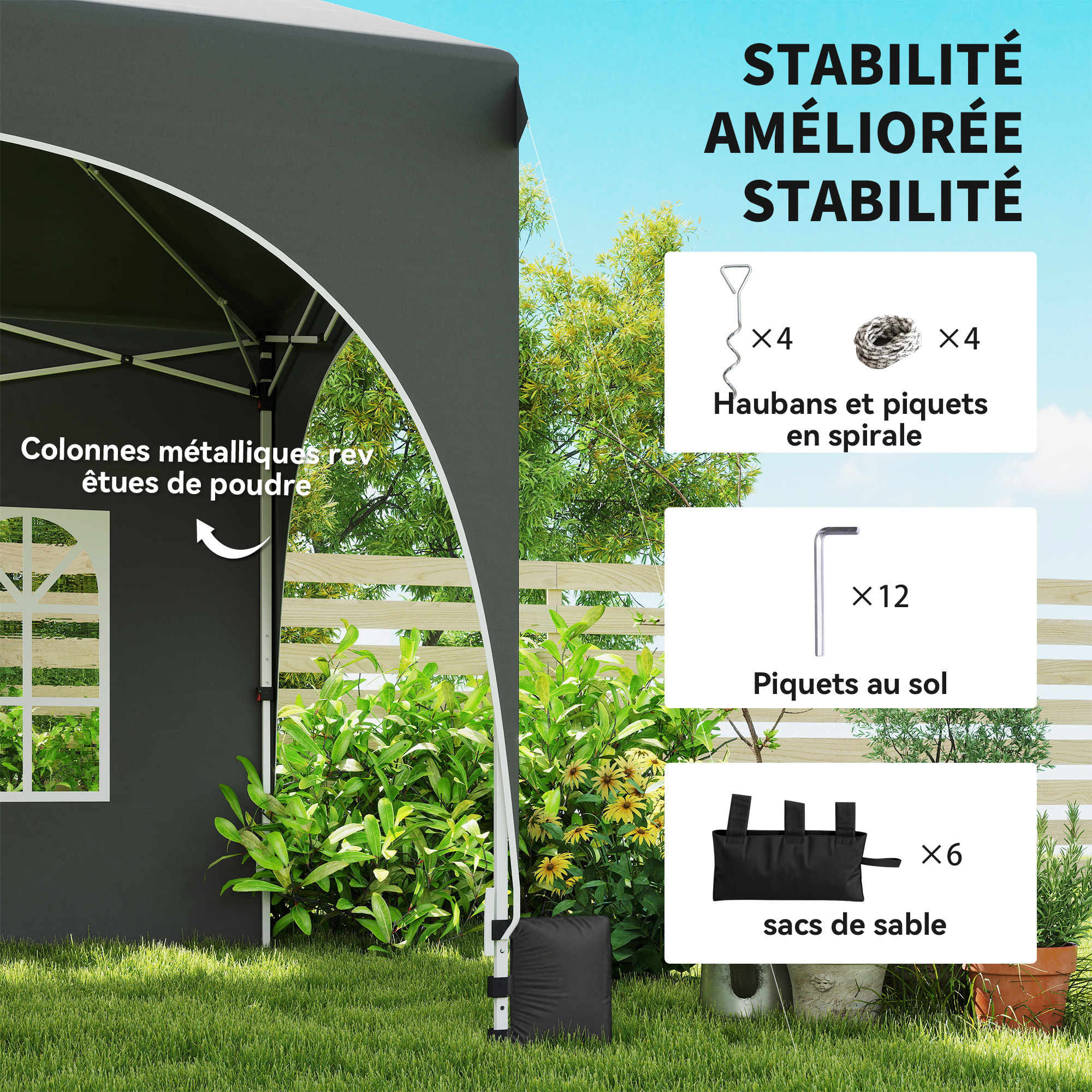 Tonnelle pliante 3x6m imperméable anti-UV, barnum avec 6 parois & 6 sacs de sable - tente de réception 12 trous de drainage - pavillon pop-up, 4 fenêtres église pour mariage, marché - gris