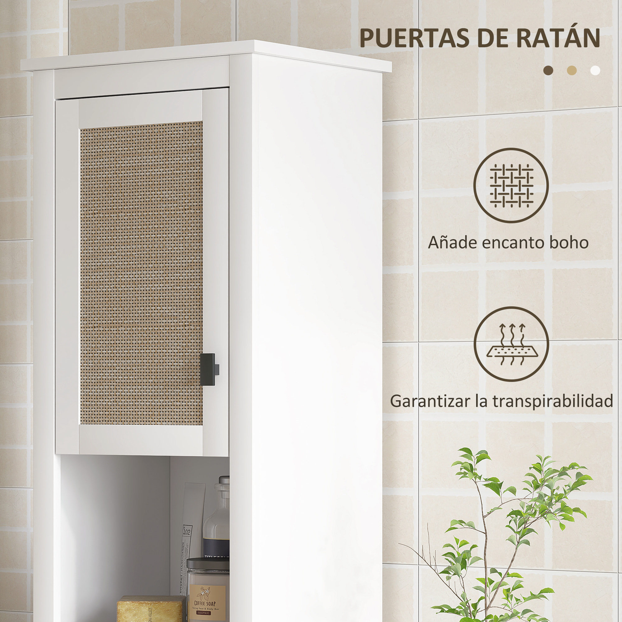 Columna de Baño con 2 Puertas con Frontal de Ratán Armario de Baño Boho con Estantes Ajustables y 2 Compartimentos 40x30x167,5 cm Blanco