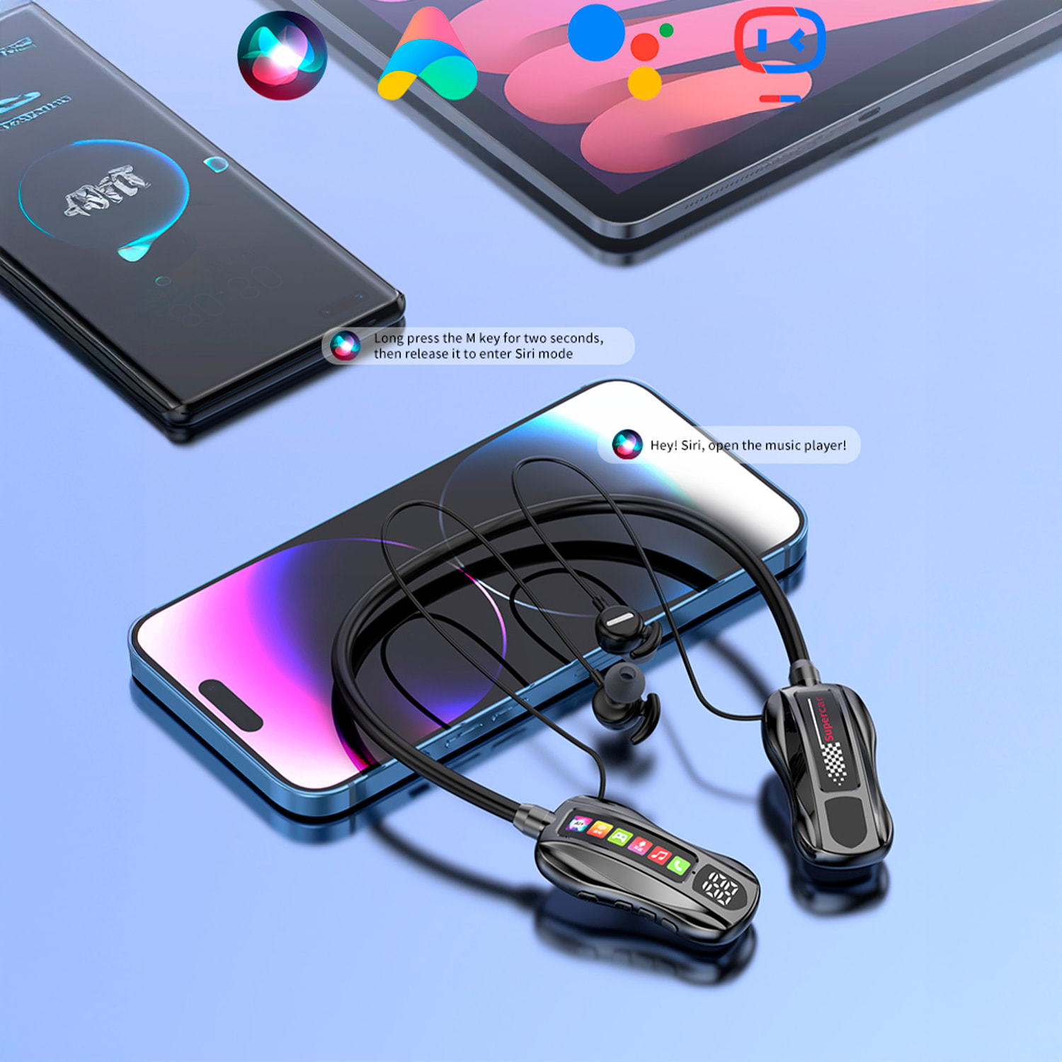 Auriculares con banda para cuello M101S. Función de cambio de voz, sonido 360º y reducción de ruido AI. Modo juego y modo música. Bluetooth 5.4 y ranura TF.