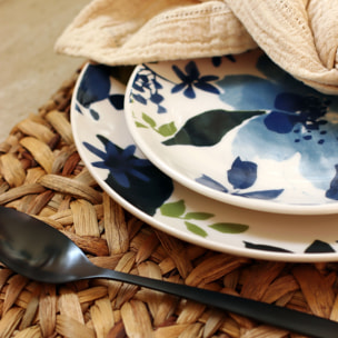 Lot de 6 assiettes plates en grès 26cm motif fleuri bleu BLEUET