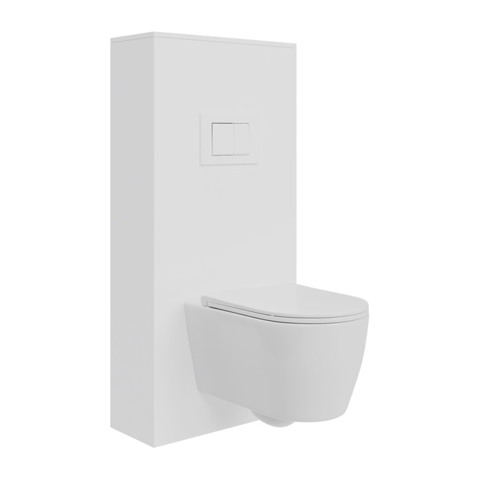 Pack Wc Suspendu + Châssis + Boîtier de Support Blanc | Toilette Blanc Brillant | Bouton Blanc | Réservoir Encastré | Couvercle Amorti | Alday