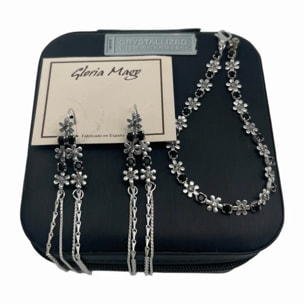 Joyero de viaje y Conjunto de Swarovski pendientes largos y pulsera con detalles de flor. Plata de ley 7-10 micras en color negro