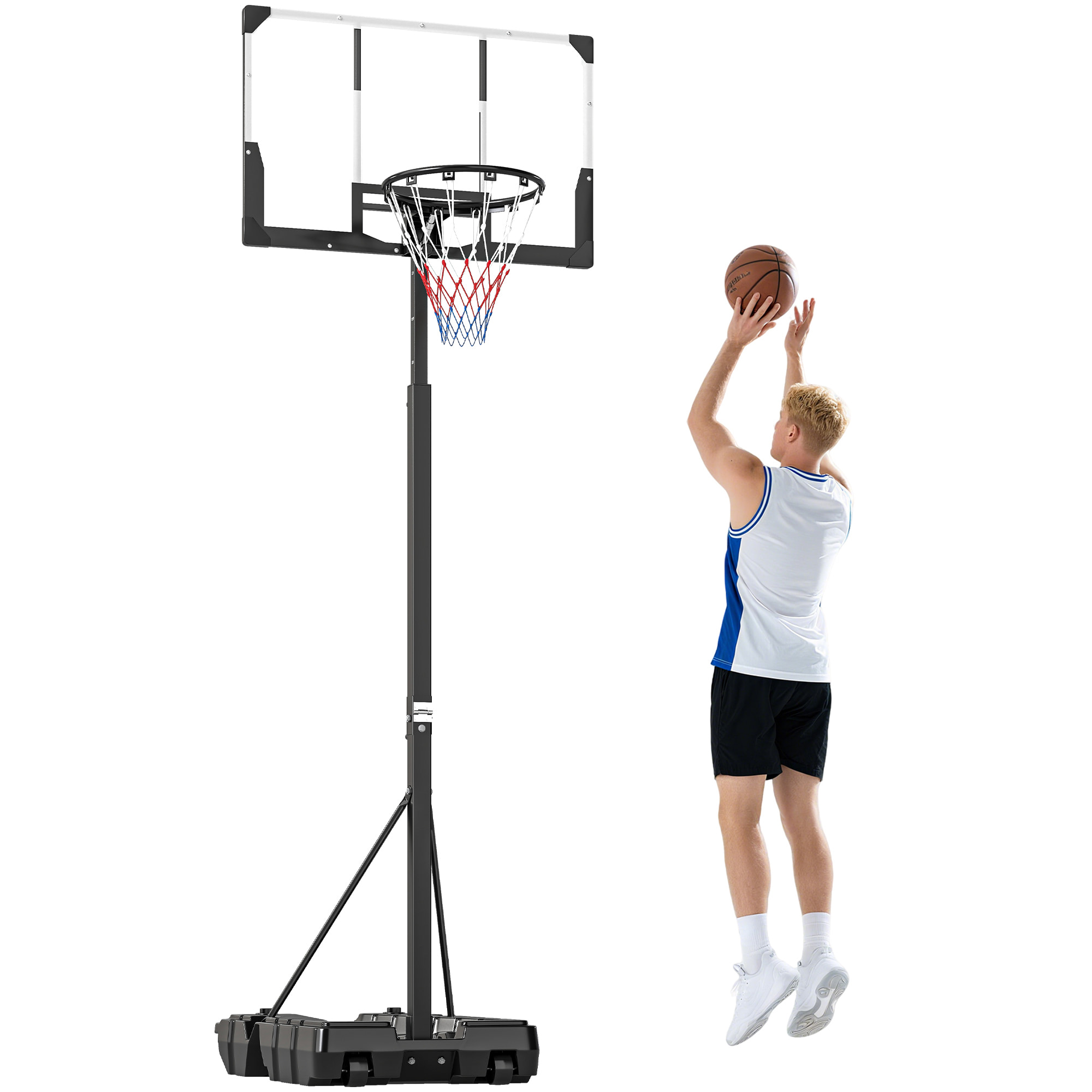 Canasta de Baloncesto para Exterior, Altura Ajustable 230-305 cm, Canasta de Baloncesto Portátil con Marco Plegable, Tablero Irrompible, Ruedas y Base Rellenable, para Adolescentes y Adultos