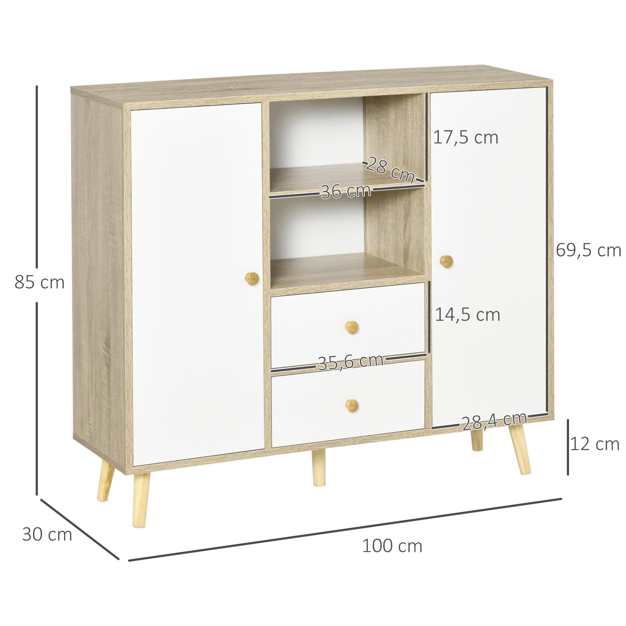 HOMCOM Aparador de Salón con 2 Puertas 2 Cajones y 2 Estantes Abiertos Mueble Auxiliar de Almacenaje para Cocina Recibidor 100x30x85 cm Blanco y Natural