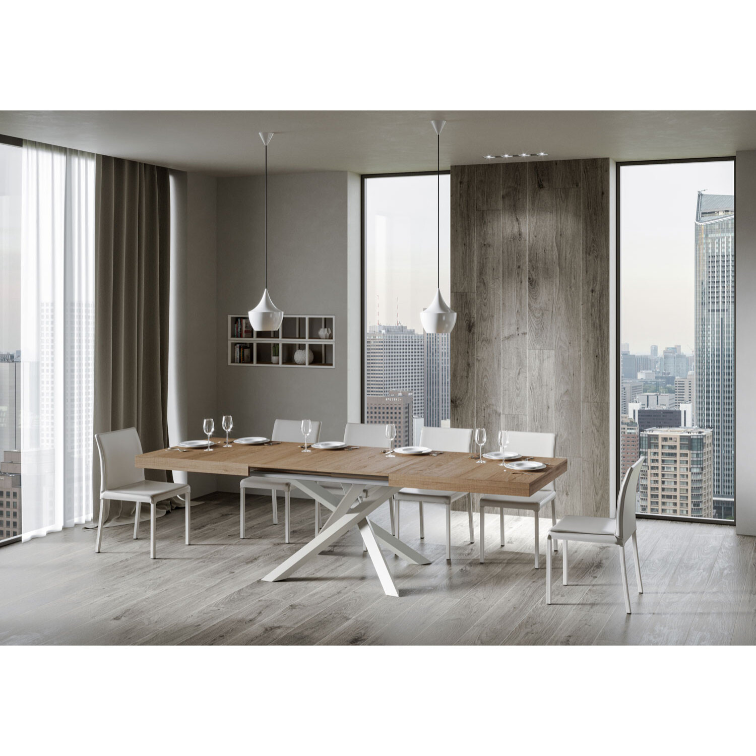 Mesa extensible 90x200/460 cm Volantis Roble Natural estructura blanco