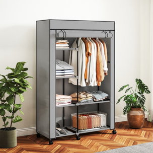 Armario de Tela con Ruedas, Armario Portátil, con Barra para Colgar, 6 Estantes, Marco de Acero, para Dormitorio, Vestidor, 103x43x162,5 cm, Gris Claro