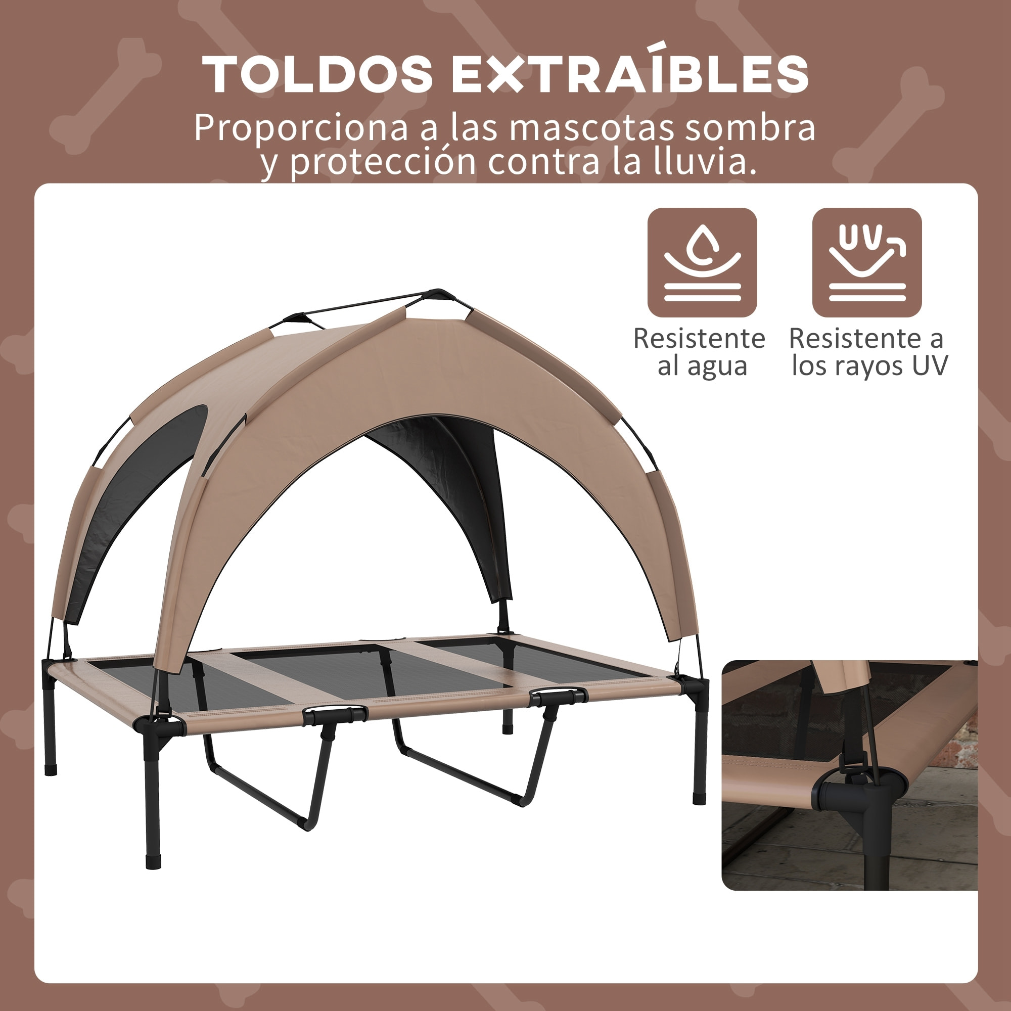 Cama para Perros Elevada con Toldo Cama para Perros Grandes con Marco de Acero y Bolsa de Transporte para Interior y Exterior 106x76x94 cm Café