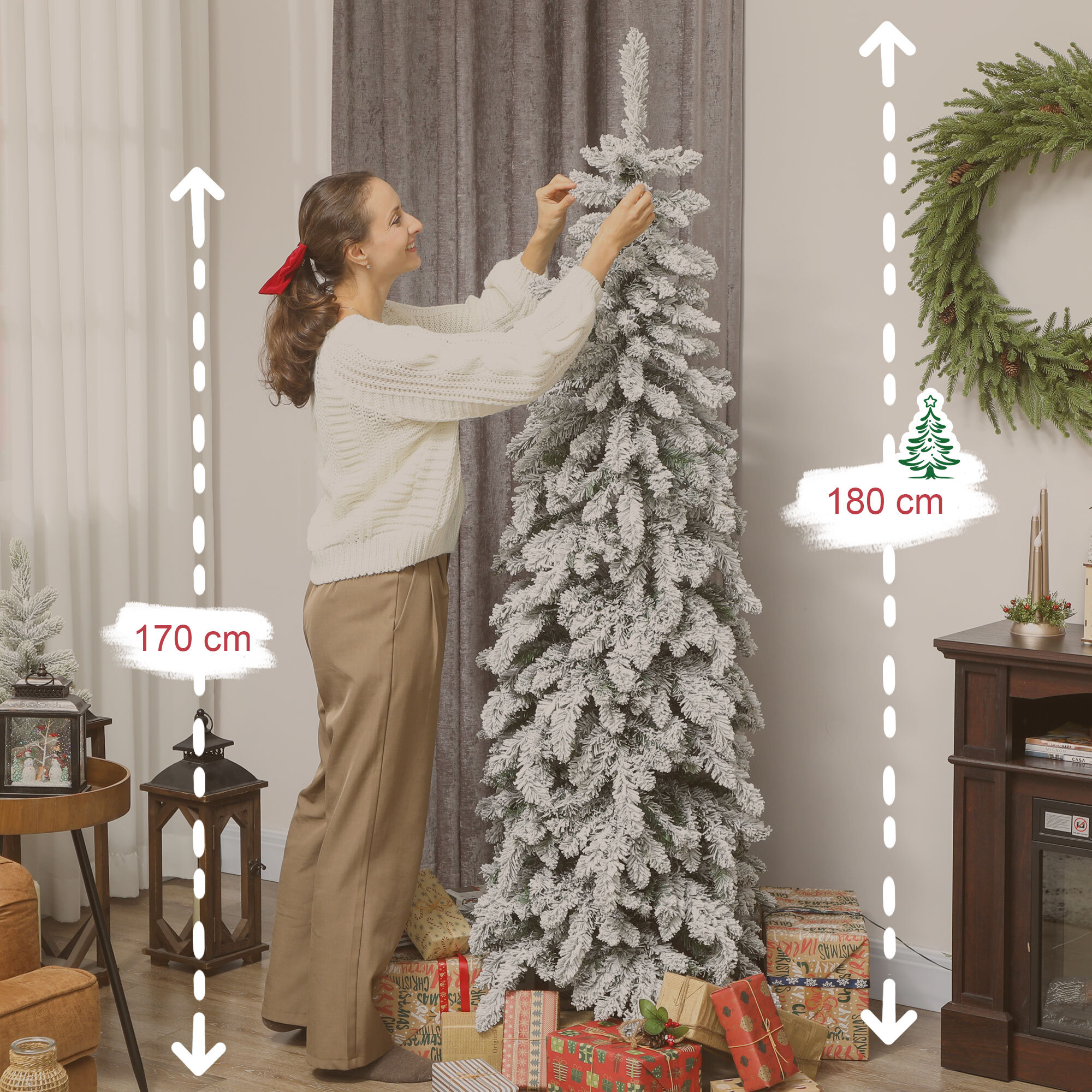 Árbol de Navidad Estrecho 180 cm, Árbol de Navidad Nevado con Luces LED Bicolores, Temporizador, 11 Modos de Iluminación, 540 Ramas, Soporte de Acero, Fácil de Montar, Verde