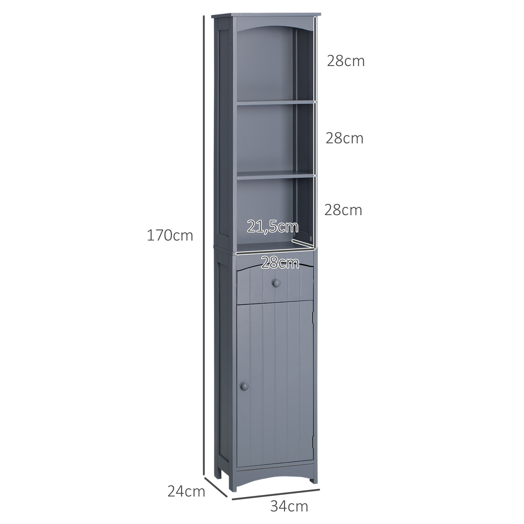Armario Alto de Baño Estrecho con 1 Cajón y 3 Estantes Abiertos Columna de Baño Estilo Moderno para Salón Aseo Cocina 34x24x170 cm Gris