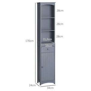 Armario Alto de Baño Estrecho con 1 Cajón y 3 Estantes Abiertos Columna de Baño Estilo Moderno para Salón Aseo Cocina 34x24x170 cm Gris