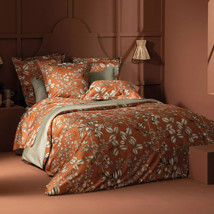 Drap plat satin de coton imprimé orange Fleurs d'oranger rouille