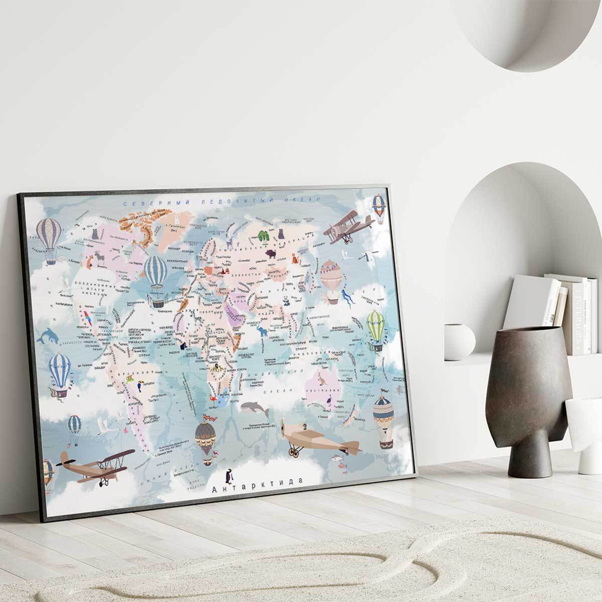 Affiche encadrée carte du monde illustrée enfants Affiche + cadre en métal - Noir