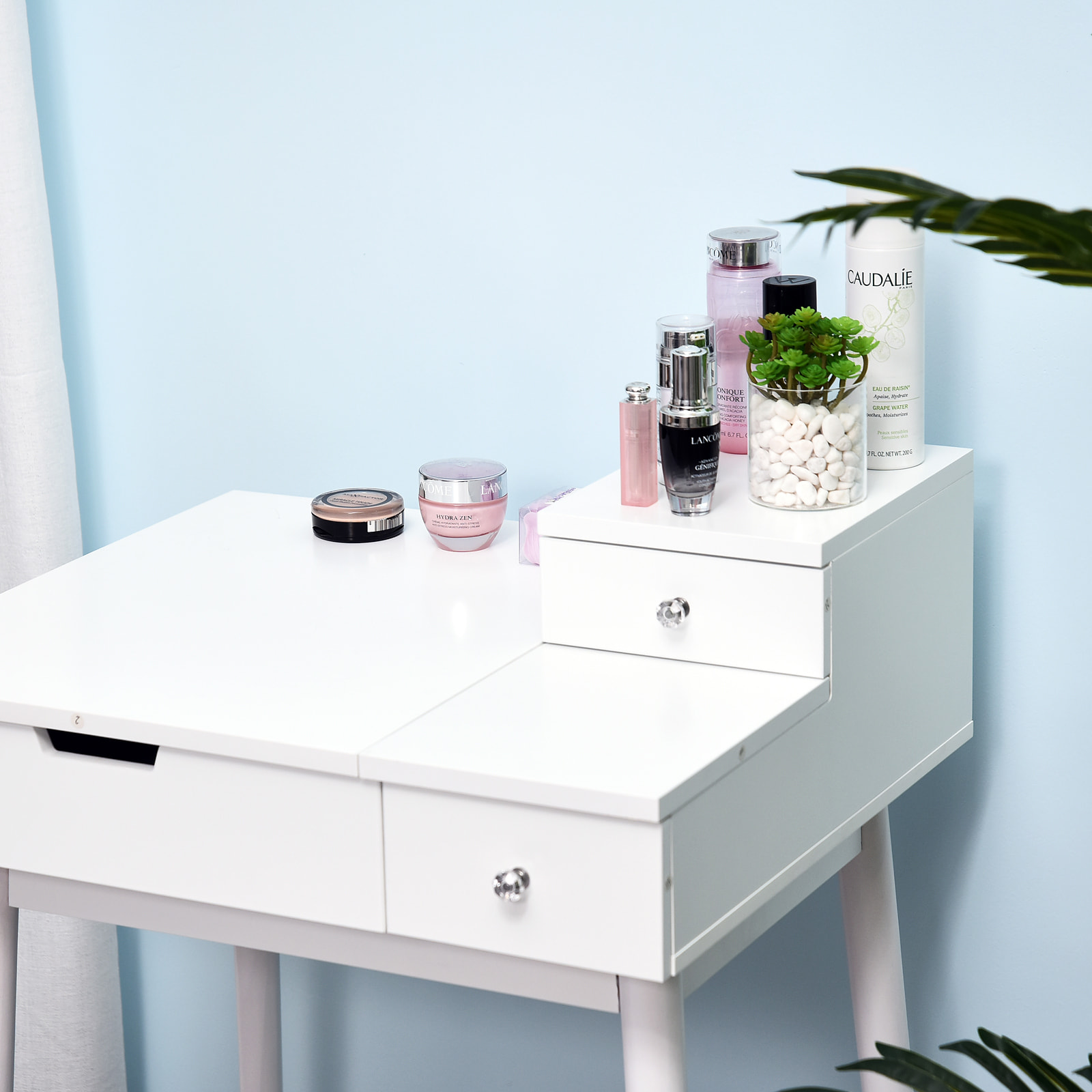 Coiffeuse table de maquillage avec tabouret miroir rabattable coffre + 2 tiroirs MDF bois massif pin blanc