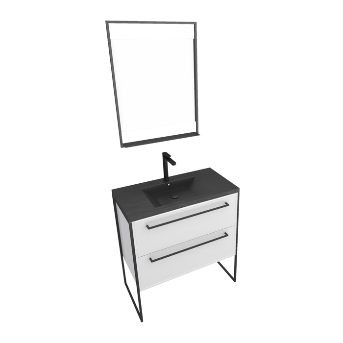 Pack meuble de salle de bain 80x50cm Blanc - 2 tiroirs - vasque resine noire effet pierre - miroir