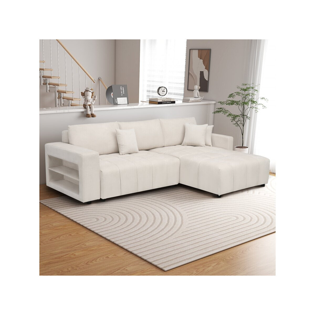 Canapé d'angle convertible tissu chenille 3 places - "Trocadero" - Crème
