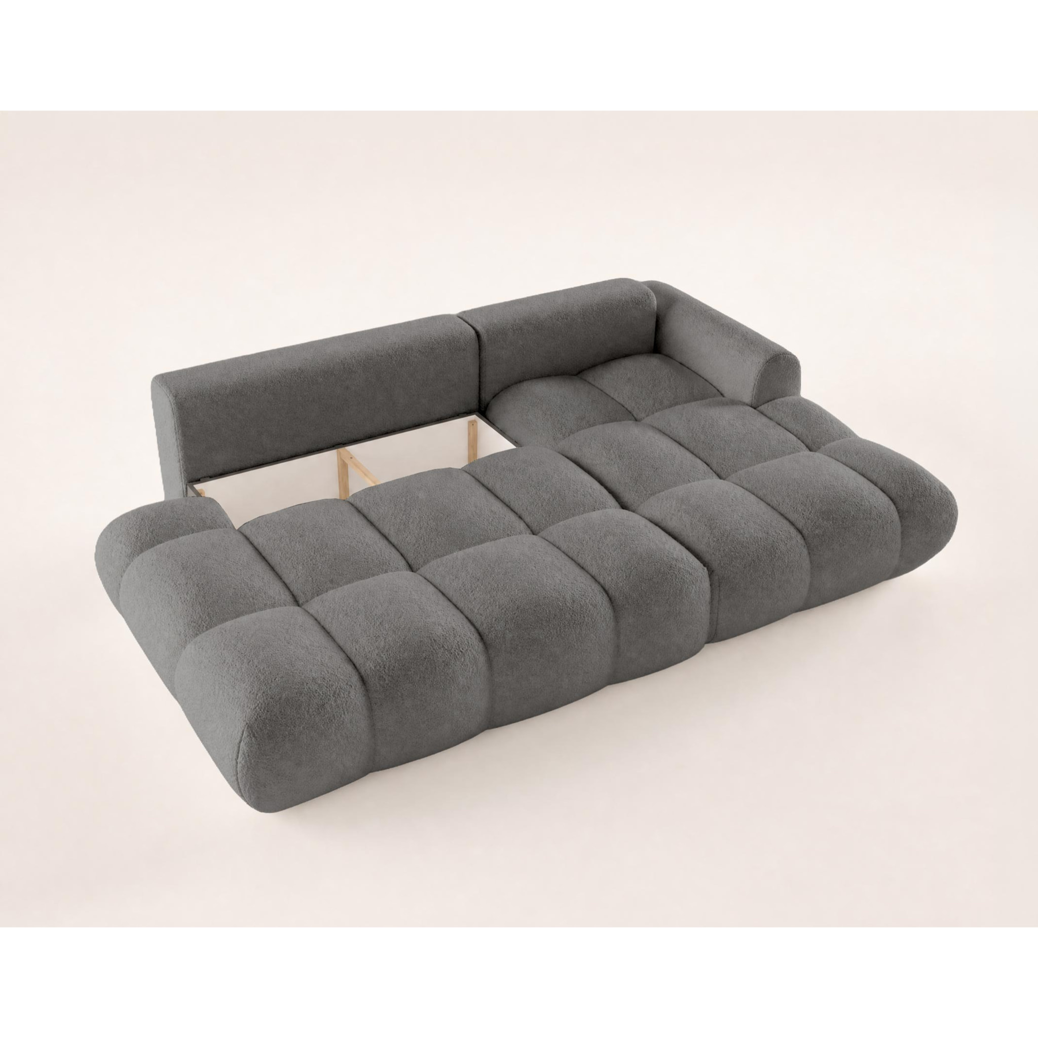Yulin - Canapé d'angle ouvert droit 4 places convertible avec coffre en tissu bouclette - Gris