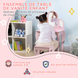 Coiffeuse enfant design girly - tabouret inclus - dim. 52L x 32l x 85H cm - tiroir, 3 miroirs - MDF bois de pin - rose poudré