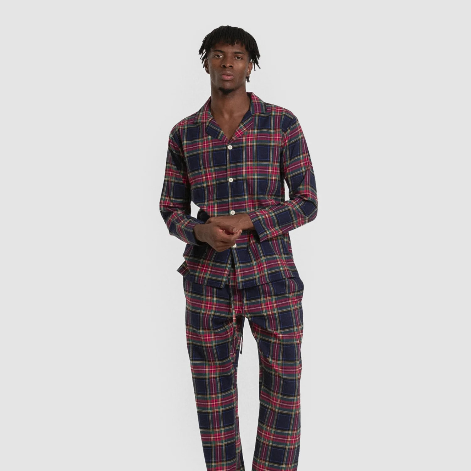Pigiama da uomo in flanella a maniche lunghe, stile camicia, a quadri blu pluto