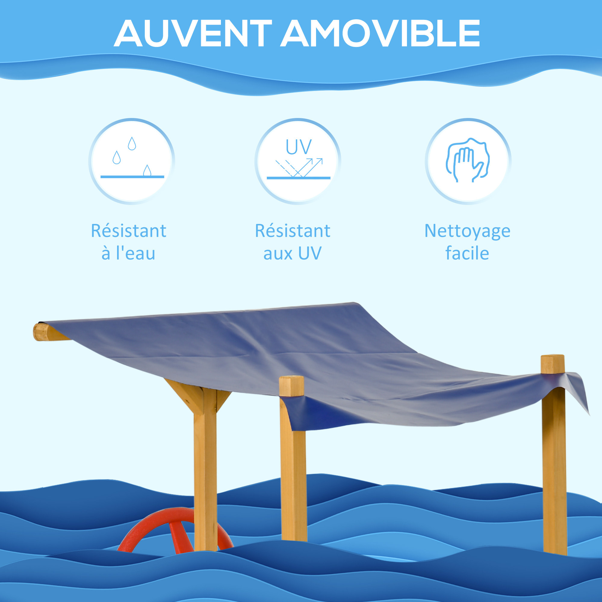 Bac à sable bateau de pirate en bois - voile d'ombrage, coffre rangement, gouvernail - bois sapin pré-huilé