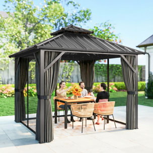 Pavillon de jardin  toit rigide - rideaux et moustiquaire - alu et acier - 3x3m - gris foncé