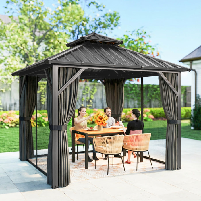 Pavillon de jardin  toit rigide - rideaux et moustiquaire - alu et acier - 3x3m - gris foncé