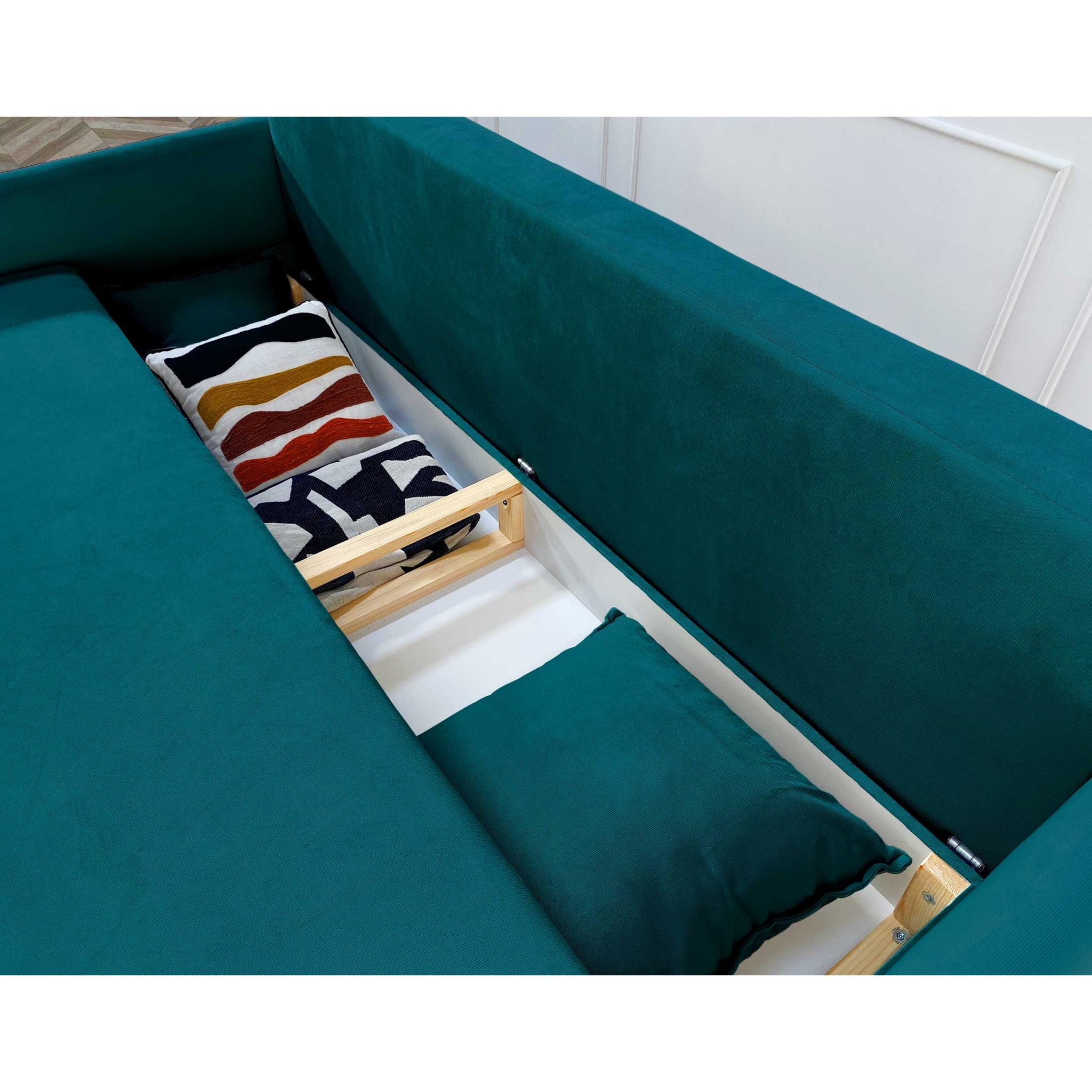 Apia - canapé 3 places - convertible avec coffre - en velours - Bleu canard