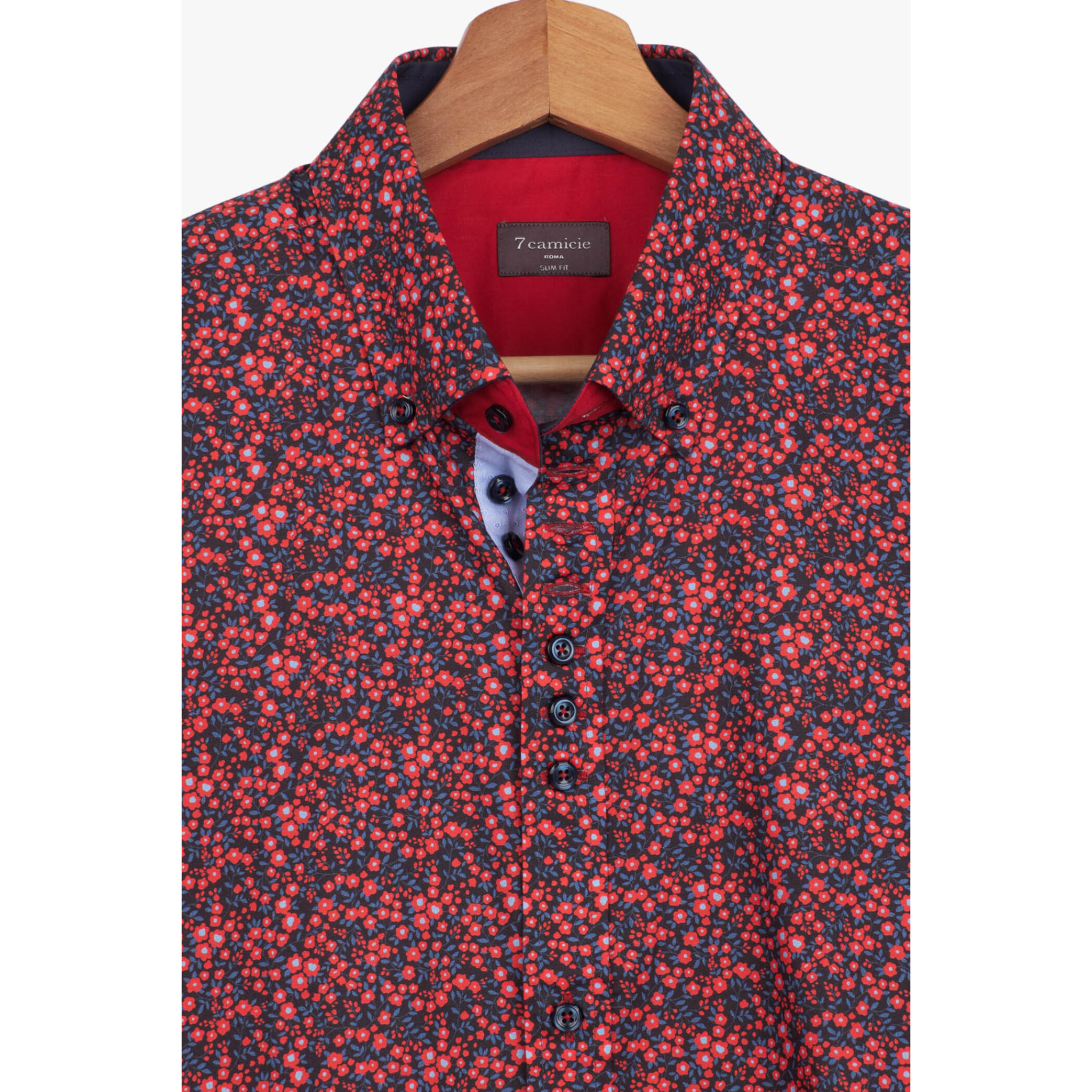 Camicia Uomo 1 Bottoni Button Down Slim Popeline Stampato Rosso/Blu
