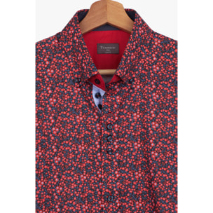 Camicia Uomo 1 Bottoni Button Down Slim Popeline Stampato Rosso/Blu