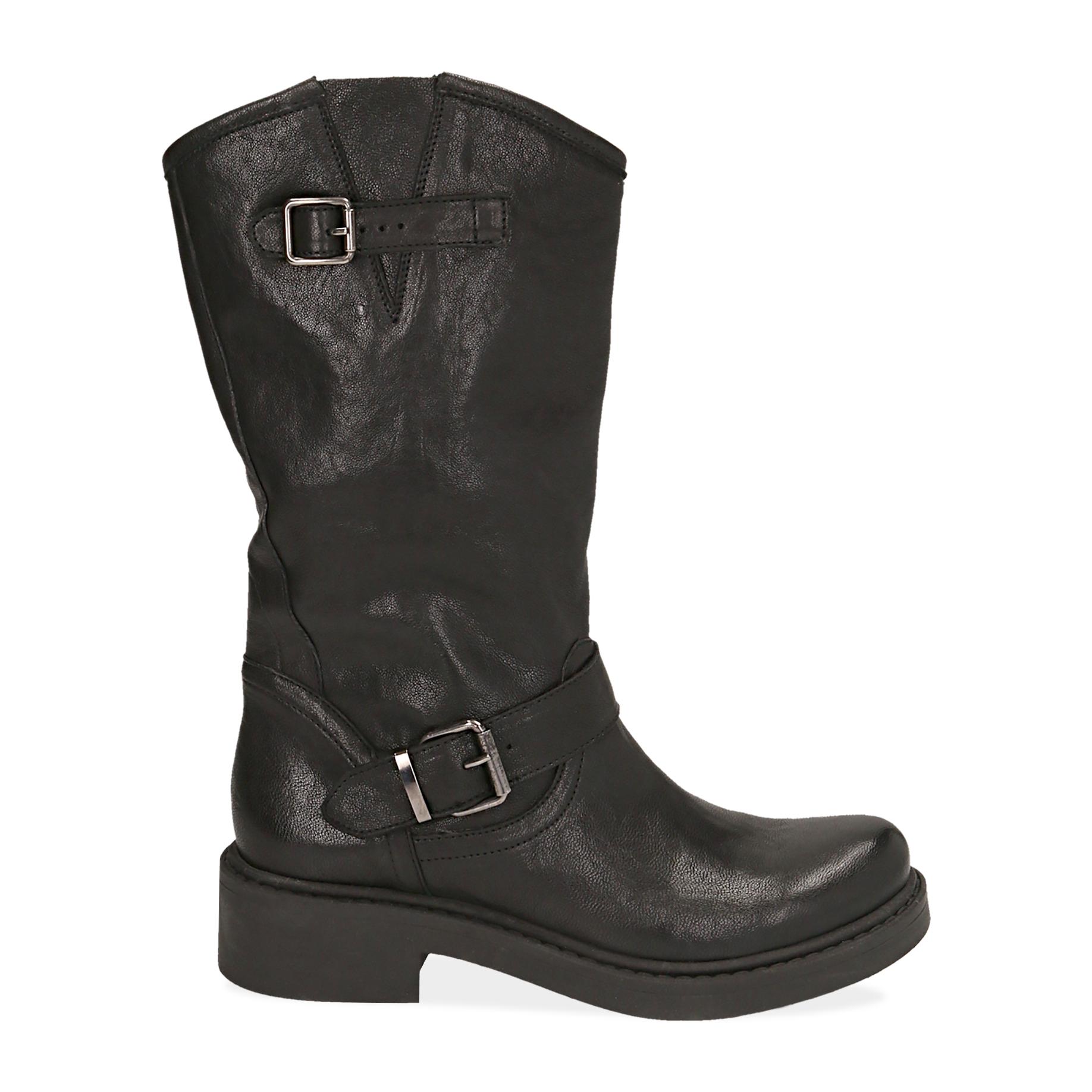 Biker boots neri in pelle con doppia fibbia