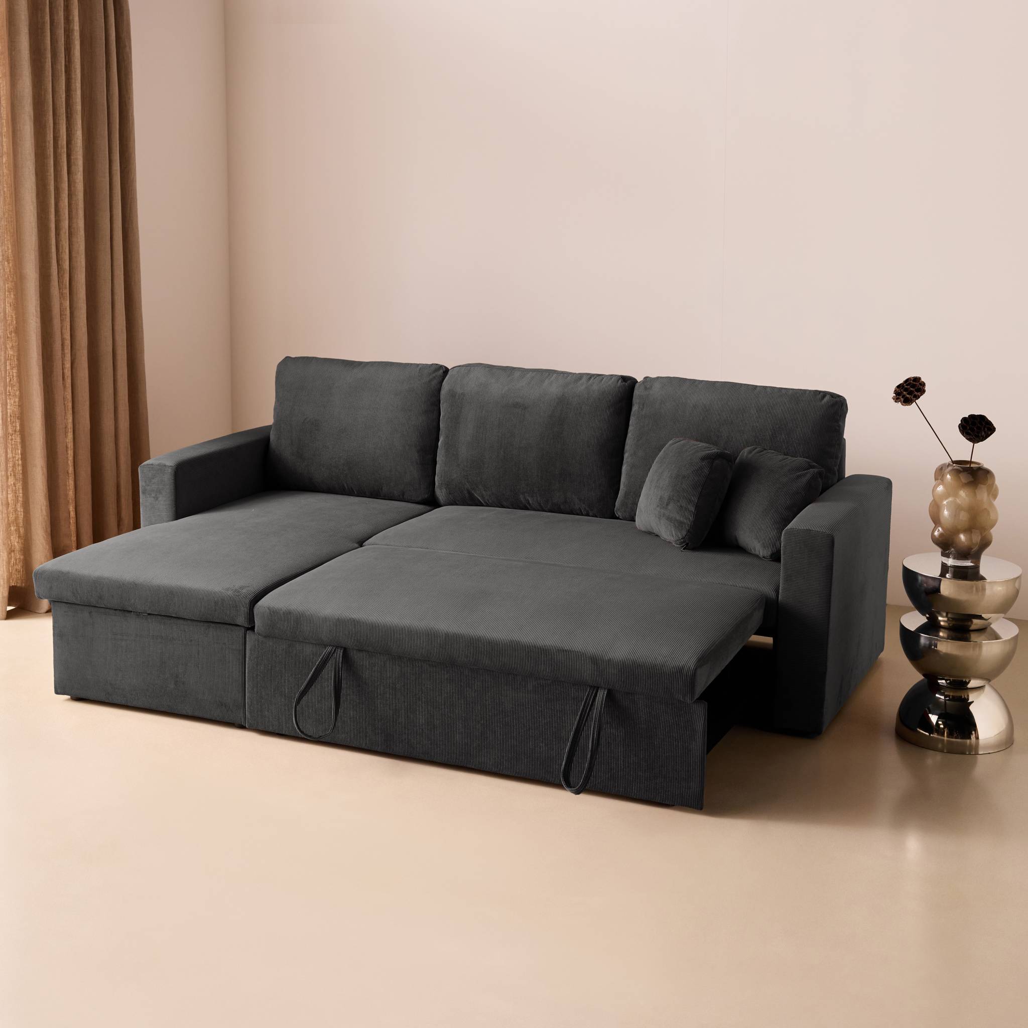 Canapé d'angle convertible réversible 3 places velours côtelé avec coffre IDA