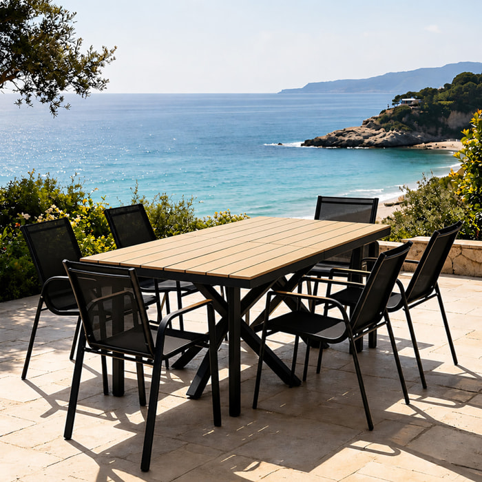 Ensemble de jardin table 190cm effet bois + 6 fauteuils SODRE