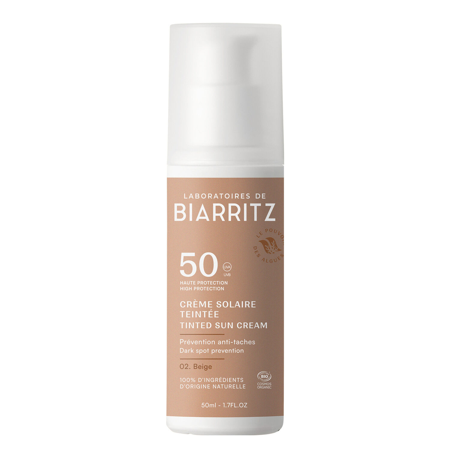 Solaire SPF50 - Crème Solaire Teintée Prévention Anti-Taches Bio 50ml