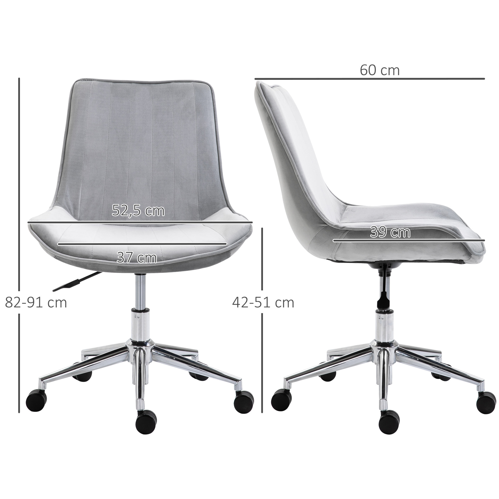 HOMCOM Silla de Oficina Giratoria Silla de Escritorio Ergonómica con Altura Ajustable Respaldo Tapizado en Terciopelo Suave y Ruedas Carga 120 kg 52,5x60x82-91 cm Gris