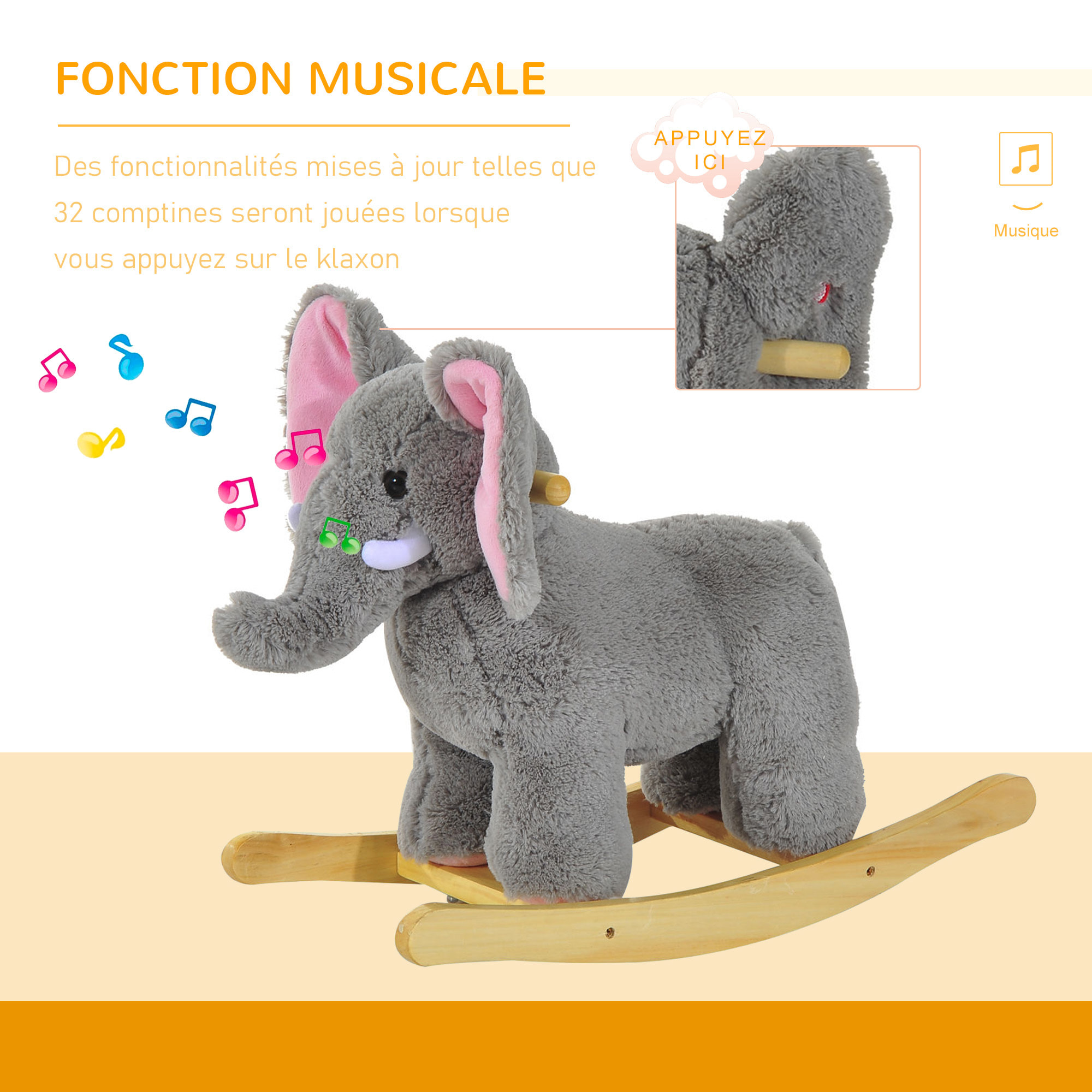 Jouet à bascule éléphant pour enfant +18 mois effet sonore poignées gris